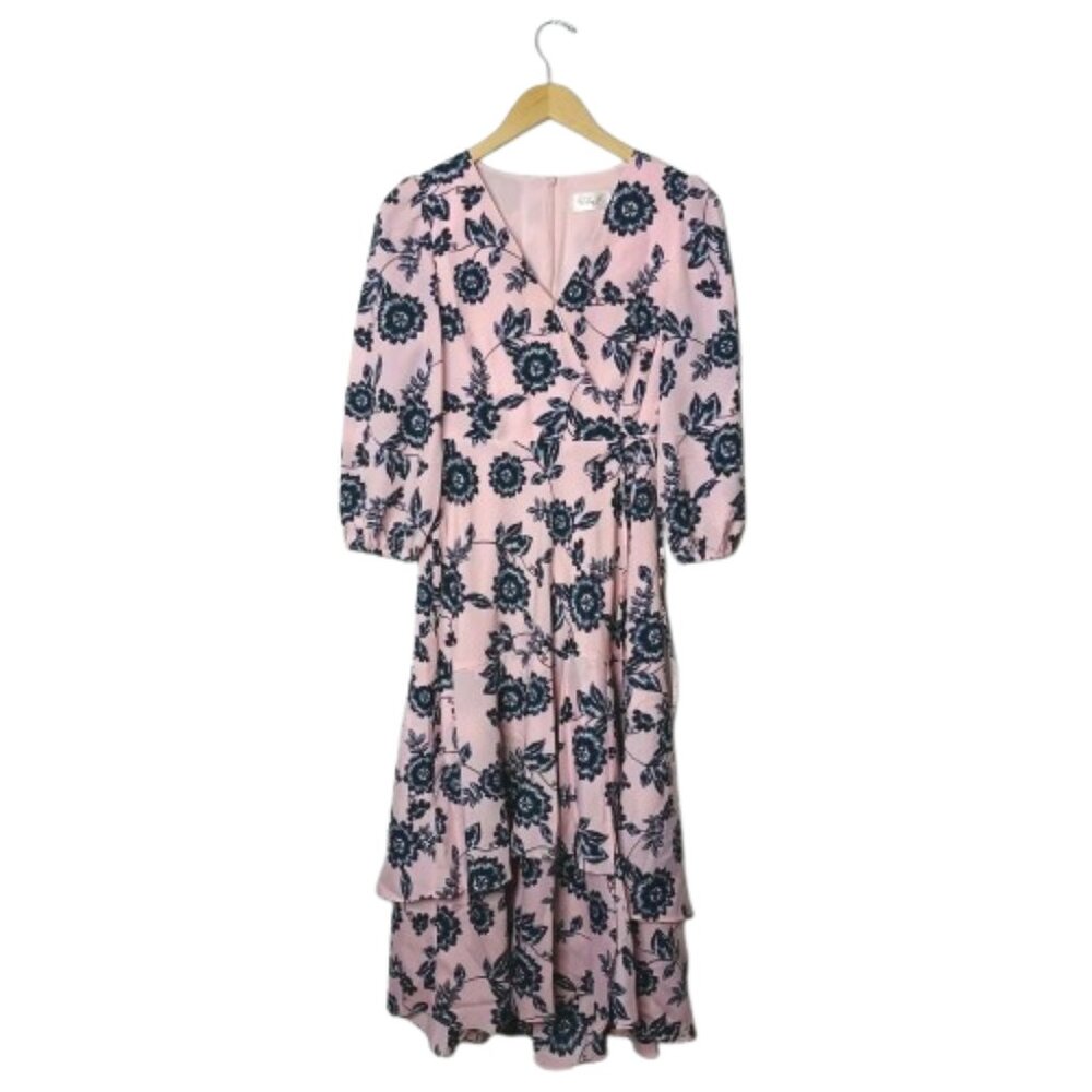 NWT Eliza J Womens Size 12 Pink Navy Floral Faux Wrap Long Sleeve Midi Dress NEW - Picture 5 of 8